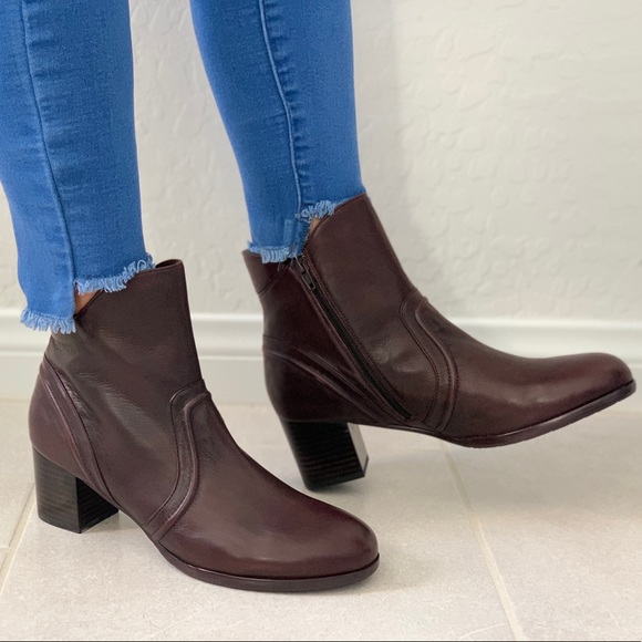 Red Wine Leather Chunky Heeled Combat Moto Boots - Picture 7 of 7